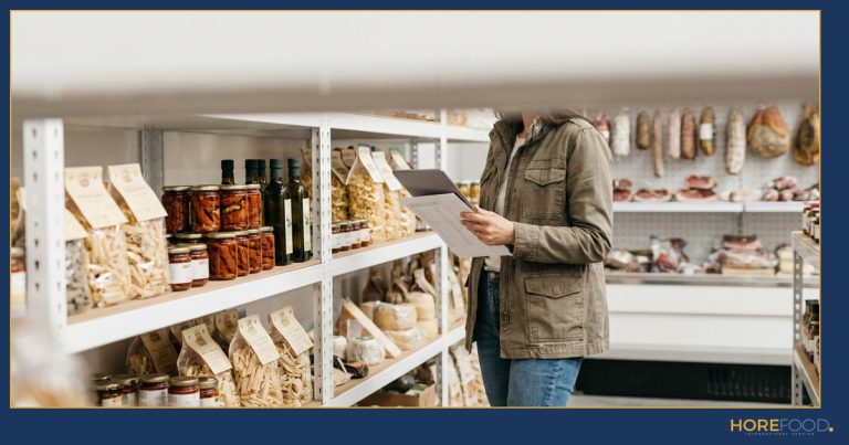 Buyer inspecting Italian food products on wholesale warehouse shelves to choose a reliable supplier