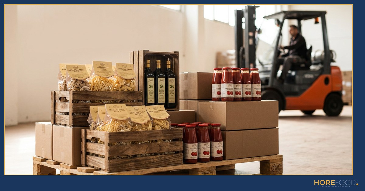 A pallet of Italian food products — pasta, olive oil, tomato passata — ready for EU export in a warehouse