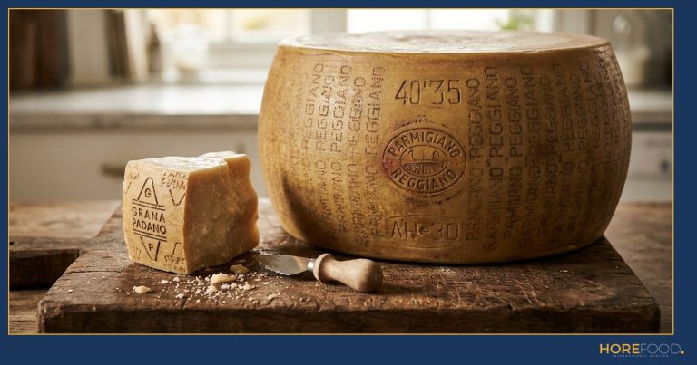 A wheel of Parmigiano Reggiano and a wedge of Grana Padano PDO Italian hard cheese on a wooden board