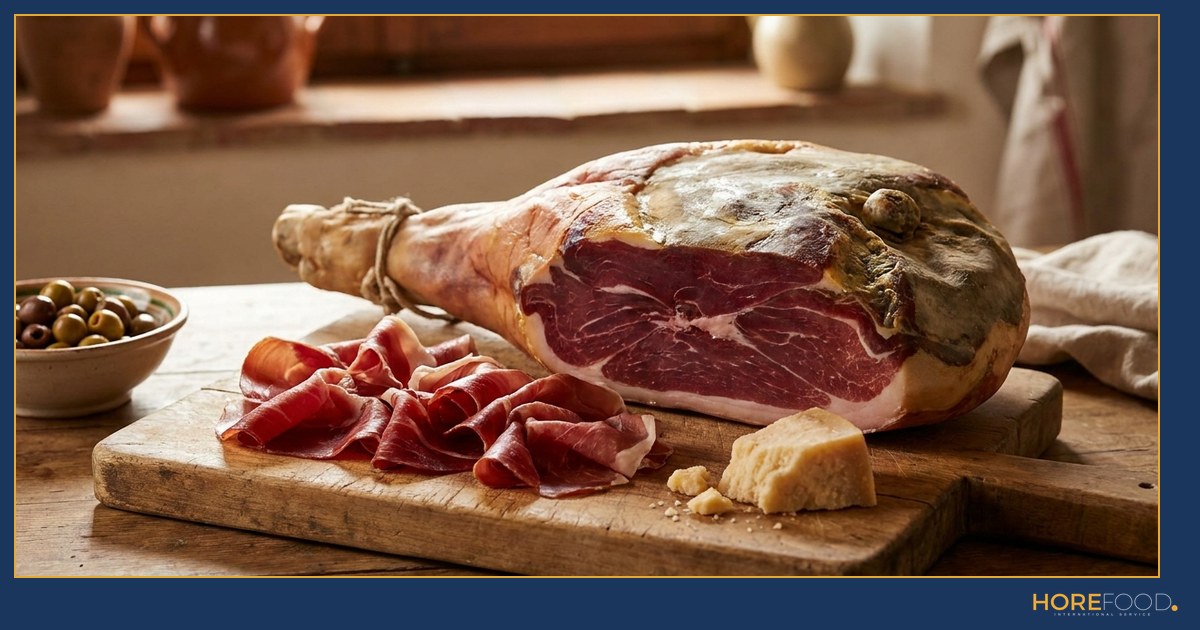 Prosciutto di Parma and Prosciutto di San Daniele DOP hams compared, whole legs on a wholesale counter