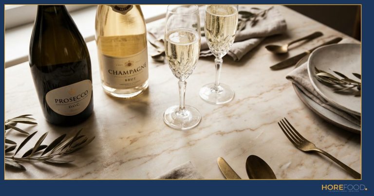 Prosecco and Champagne bottles side by side with sparkling wine glasses for B2B buyers