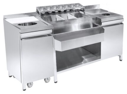 Cocktail Bar Station Incl. Sink, Glass Rinser, GN Containers, Speedrail For Bottles, Cutting Board And Waste Bin