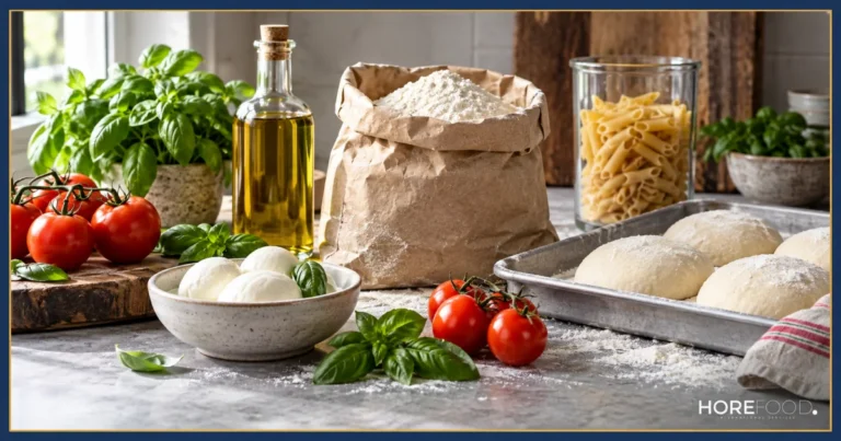 Illustration of Italian ingredients: pasta, tomatoes, flour, mozzarella, olive oil and pizza dough.